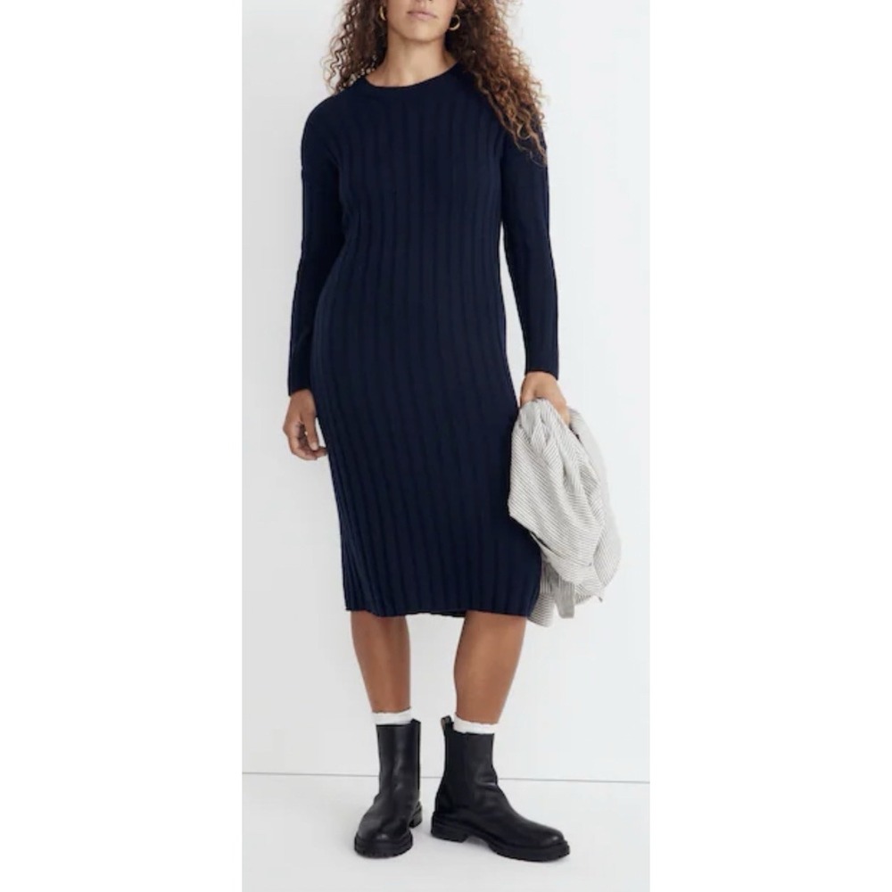 NWT Madewell Ribbed Knit Midi Sweater Dress M Dark Indigo Wool Alpaca Fall